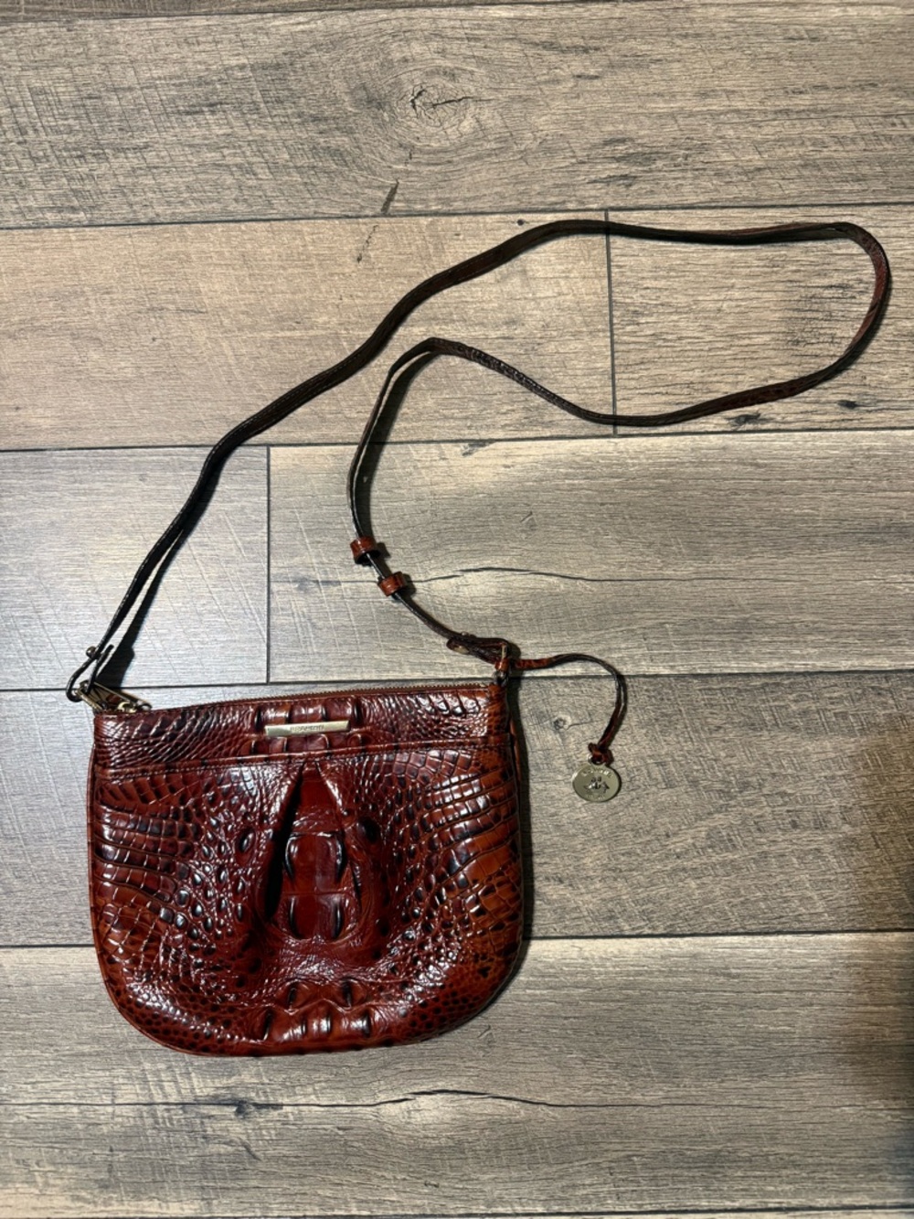 Brahmin Croc-Embossed Crossbody in Deep Chestnut Brown